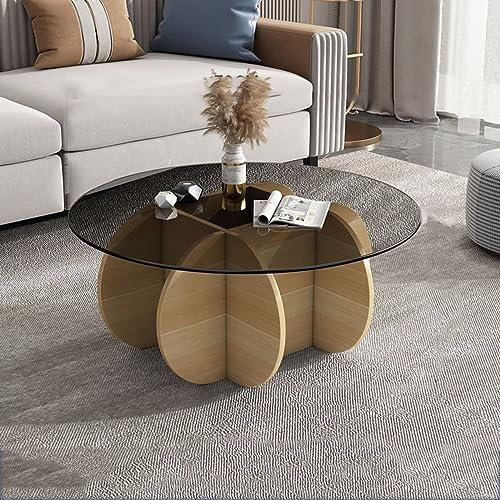 Table basse ronde en noyer et gris avec base en bois massif et plateau en verre trempé transparent, table centrale moderne pour salon ou terrasse, 70 x 40 cm, table basse élégante pour décoration
