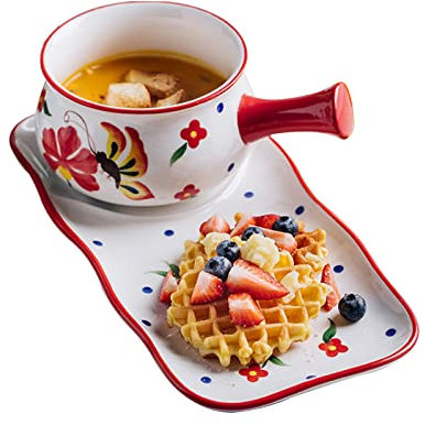 QXSJEDYCH Ensaladera Juego de Cuencos de Desayuno de Porcelana Japonesa de 23 oz con asa, Tazón de Sopa de cerámica for Servir, Tazón de Cereales, Plato de refrigerio de Postre-Rojo Platos