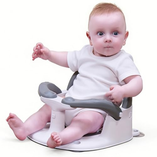 Asiento de baño para bebés sentados, asiento de baño infantil para bebés de 6 meses en adelante con alerta de temperatura, asiento de baño para niños pequeños, silla de baño para bañera, color gris