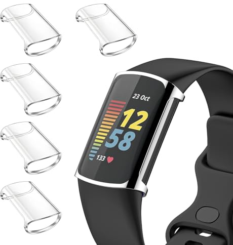 Vozehui 5 Pack Screen Protector Compatible with Fitbit Charge 6/5, TPU Full Coverage Plated Watch Protective Cover Bumper Shell Cover, Transparent