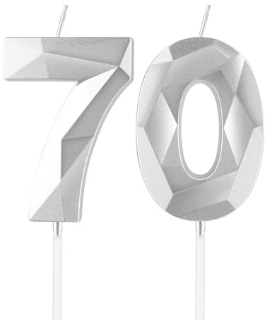 mciskin Silberne Kerzen zum 70. Geburtstag, Dekoration für Damen und Herren, 3D-Zahl 70 Kerzen für Kuchen, silberne Kerze, Kuchendekoration, Dekoration für Geburtstagsparty, Hochzeit, Jahrestag