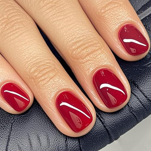 GLAMERMAID 24Pcs Press-on-Nägel Extra Kurz Squoval Frühling Sommer Red Gel-Kleber-Nägel 24Pcs Glänzend Rund Wiederverwendbar UV-Finish Fake Nails Acryl Falschnägel Maniküre-Sets für Frauen