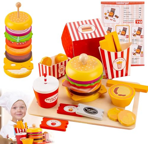 DAJASD Kinderküche Spielküche Zubehör Holz, Kinderküche Zubehör Holz, Hamburger Spielzeug, Burger Pommes, Holzspielzeug für Küche Kinder, Rollenspiele Geschenk Kinder Spielzeug ab 3-14 Jahre