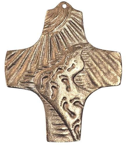 Herzmensch Spuren im Sand - kleines Wandkreuz aus massiver echter Bronze 8 x 8,5 cm zur Kommunion, Taufe, Hochzeit oder als Trostkreuz oder Grabschmuck gold