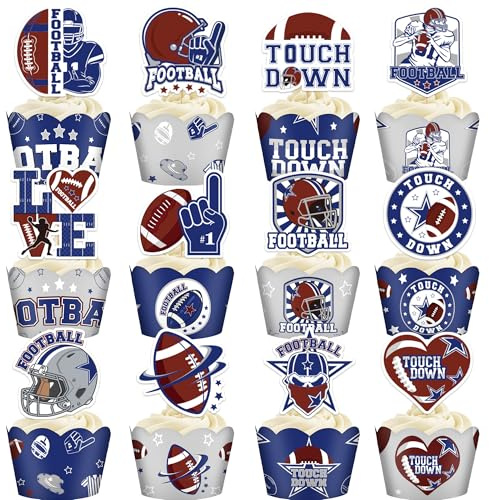 Hokinaa Cowboy Football Birthday Decorations - 48 Pcs American Rugby Sports Paper Party Cupcake Toppers and Liners, Game Day Happy Bday Cake Picks Baking Cups Wrappers Supplies Decor for Boys Men