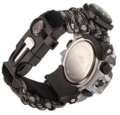 Generic Reloj de Supervivencia Multifuncional, Kit de Pulsera de Paracord con Silbato y Brújula, para Acampar, Senderismo, Escalada, Reloj de Supervivencia Multifuncional (Negro y Gris)