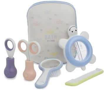 Bebeconfort Babypflege-Set, Inklusive Babyhaarbürste, Babykamm mit Babyspiegel, Baby-Nagelknipser, Babyschere und Baby-Badethermometer, 0m+, Paper Boats