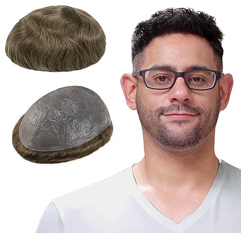 Lordhair Toupet Echthaar Männer,Perücke Männer,0,03 mm Dünne Leder Basis 20 * 25 CM Leichtes Haarersatzsystem Mittlerer Dichte,Toupet Natürlich eng anliegend, Elegant und Schön