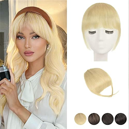 BARSDAR Echtes Menschliches Haar Clip in Bangs, Menschliches Haar Clip in Pony für Frauen - Hellblond Französische Pony Extension Fringe mit Bügeln Färbbare Echtes Haar Pony Haarteile - Bleichblond