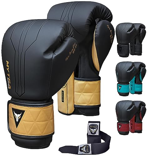 Mytra Fusion Guantes de Entrenamiento Incluido con envolturas para Manos Gratis, Guantes de Boxeo MMA Training y Guantes Muay Thai para Mujer y Hombre (Black/Gold, 14-oz)