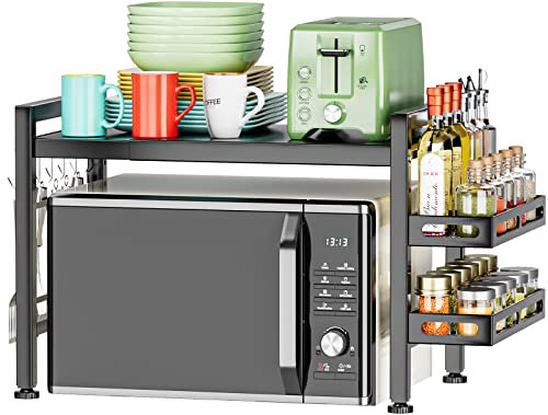 YIUKEA Extendable Microwave Oven Rack - Over Microwave Shelf Countertop 2 Tier Kitchen Microwave Stand (L15.7~23.6 xW12.8 xH17.7) with Spice Rack and 6 Hooks Black