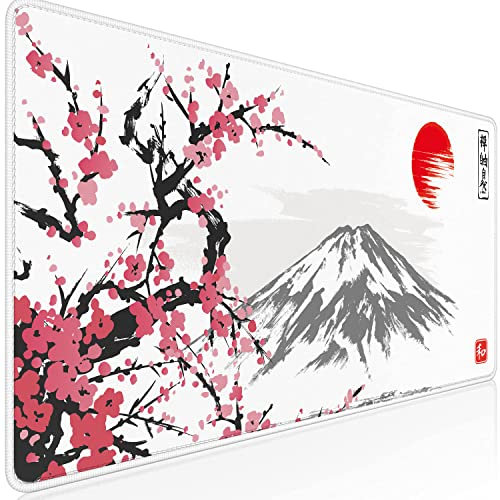 Owege Tapis de Souris de Gaming XXXL 900 x 400 mm Japon Peinture à l'encre Montagne Sakura Soleil Mont Fuji Tapis de Souris Grand Bords Cousus Étanche Antidérapant pour PC (Mont Fuji, 900x400mm)
