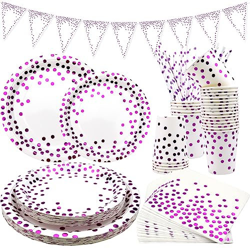Ywediim Vaisselle de fête à pois violets pour 25 invités, y compris assiettes, bannières, tasses, serviettes, pailles, nappes, fêtes, fêtes prénatales, mariages et décorations de remise de diplôme