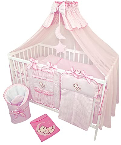 Bello24 - 16 pièces lit bébé lit d'enfant et literie Set Complet Happy Leo Matelas Inclus réglable en Hauteur pour Nouveau-nés bébés et Jeunes Enfants en Bois Massif (Ourson Lune Rose)