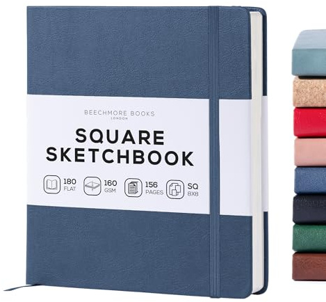 BEECHMORE BOOKS Skizzenbuch quadratisch (20,3 x 20,3 cm) – Hardcover aus Veganleder, 156 Seiten 160 g/m² | Perforiert, Lay-Flat, Geschenkbox, Skizzenblock für Zeichnen, Malen, Mixed Media | Hardcover Artjournal aus veganem Leder mit flacher Bindung, perforierte elfenbeinfarbene Seiten zum Zeichnen und Kritzeln