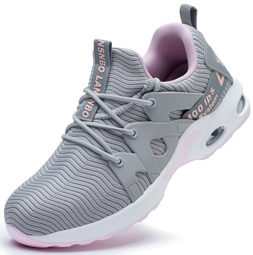 LANSNBO Steel Toe Shoes for Women Indestructible Safety Work Shoes Air Cushion Lightweight Breathable Utility Sneakers Puncture Proof Slip Resistant Composite Toe Footwear（Hui Fen 41.5 Grey,Pink