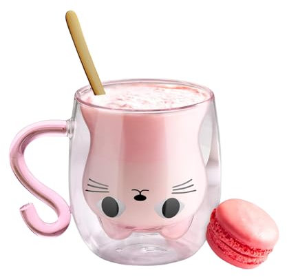 Volumoon Tazza di gatto a doppia parete in vetro, per tè, latte, cappuccino, con manico, per donne, amanti dei gatti, casa, compleanno, 300 ml (rosa)