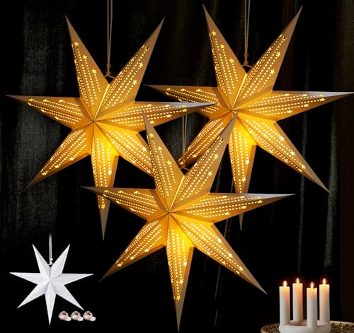 HOUISM 3PCS LED Paper Star Lanterns, Hanging Paper Star Lampshades - Christmas Window Lights Decorations for Wedding Party Home (3*Fairy Lights Incl.)