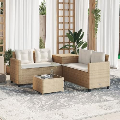 ShGaxin Gartensofa in L-Form mit Tisch und Kissen Beige Poly Rattan, Gartenlounge, Garden Sofa, Balkonmöbel, Gartenmöbel, Loungemöbel - 369031