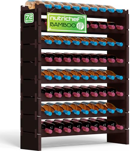 NutriChef Bamboo Stackable Wine Rack, 8-Tier 72 Bottle Capacity Wine Racks Free Standing Floor, Modular Storage Display Shelf for Kitchen and Cellar 85 x 25 x 107 cm, Dark Brown