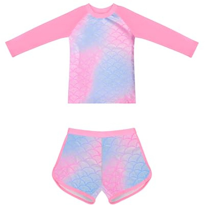 Costumi da Bagno a Maniche Lunghe Set Rashguard Costume da Bagno Protezione Solare Abbigliamento da Nuoto per Bambine da 2 a 12 Anni (8-10 Years, LA667-Pink)
