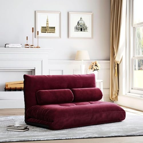 Justerbar bäddsoffa med 6 positioner ryggstöd vikbar lat sovsoffa med 2 kuddar konvertibel futon vilstol i rött mocka tygskydd.