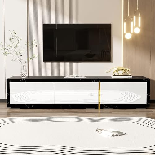 Meuble TV de Longueur Variable (140-260 cm), lowboard Fonction pivotante, Aspect marbre, Finition Mate Brillante pour Salon, Buffet Noir