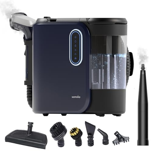 SAMAKO PowerClean Pro Waschsauger Polsterreiniger mit Dampf – Teppichreiniger für Sofa, Teppich, Polster & Autositze – Doppeltank-System, 8 Aufsätze, Blau