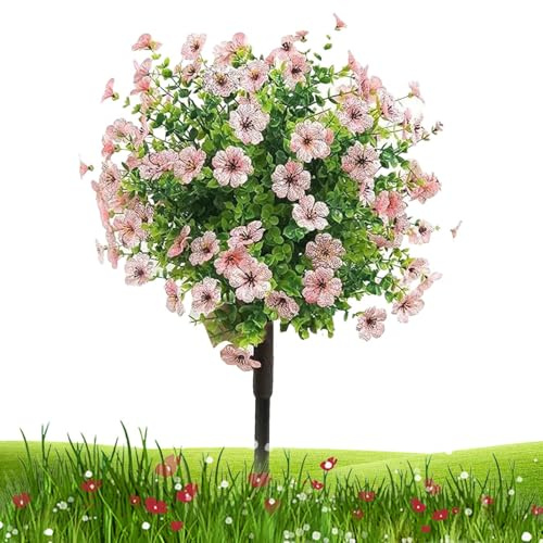 Arbustos artificiales para exteriores – Arbustos de jardín falsos resistentes a los rayos UV, plantas realistas de color violeta resistentes a los rayos UV con para porche, jardín, patio