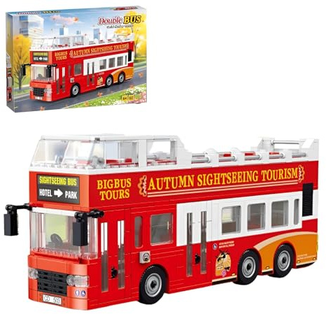 Stadt Reise Bus Bausteine Bausatz, 627Stück Kreative Doppel Decker Fahrzeug Modell Spielzeug, STEM Bus Bahnhof Klemmbausteine, Ideen Geschenke für Kinder Erwachsene und Büro Haus Dekor(991016）