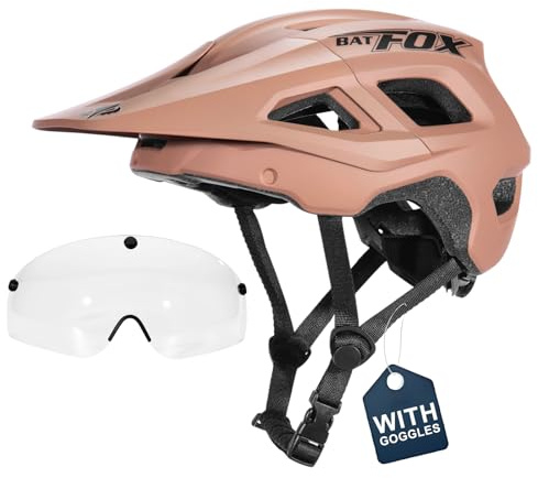 BATFOX Mountain Bike Helmet for Men Women,MTB Bicycle Cycling E-Bike Helmet for Adults Fit(52-60CM) (W/Goggles-Brown, L(56-60CM))