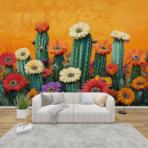 AevuCub Cactus Wallpaper for Living Room - Tropical Plants Wall Murals for Bedrooms, Mustard Yellow Mexican Wall Art, Non-Woven Photo Wallpaper 3D Effect, 350x256 cm