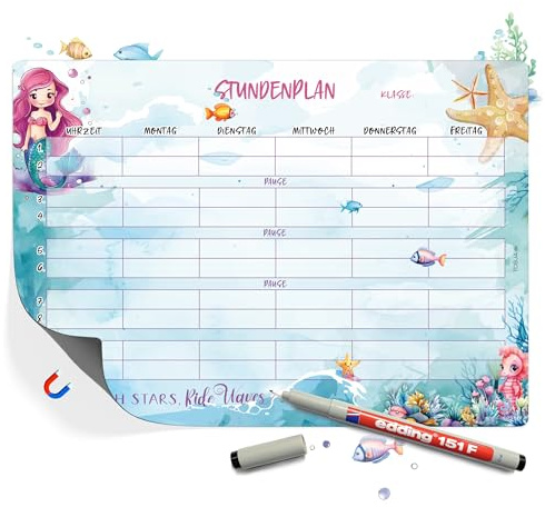 TOBJA Meerjungfrau Stundenplan abwischbar für Grundschule DIN A4 Magnettafel | Stundenplan magnetisch | 1 Klasse Geschenk Mädchen (magnetisch inkl. Stift)