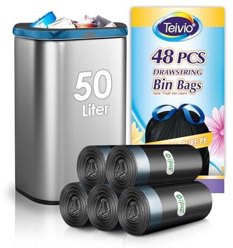 Teivio 50 Liter Bin Liners with Tie Tap, 48 Counts 13 Gallon Strong Swing Bin Bags with Drawstring Handle, Waste Bin Bags for Home Office Kitchen Bathroom Bedroom, Black Rubbish Bags