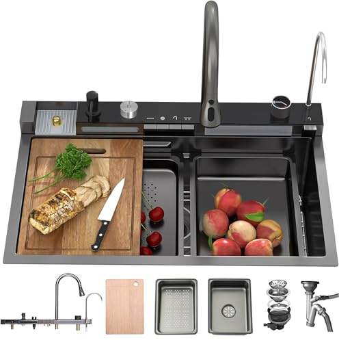 OMGMTSTORE Évier de cuisine cascade 85 x 50 cm - 1 bac en acier inoxydable - Grand évier de cuisine moderne - Noir anthracite - Avec robinet, siphon et trop-plein