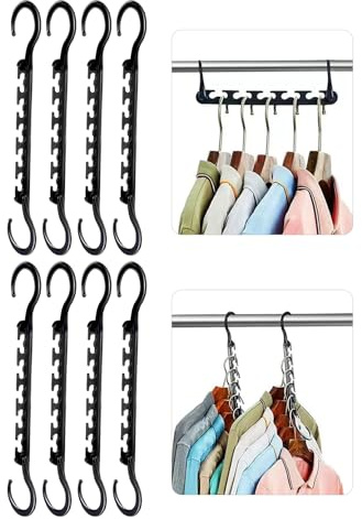 Perchas que ahorran espacio, 8 unidades Magic Hangers con 5 agujeros y ganchos giratorios de 360°, organizador de perchas para guardar la ropa, perchas de plástico resistentes, color negro