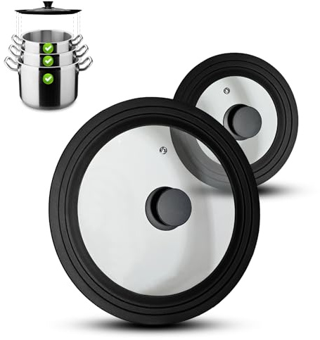 Set di 2 Coperchi Universali in Vetro - Coperchio Universale per Pentole e Padelle 16/18/20 cm e 24/26/28 cm – Coperchi Universali con Valvola di Scarico e Bordo in Silicone