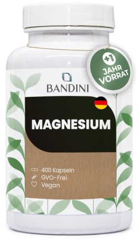Bandini® Magnesium 400 Kapseln (+1 Jahresvorrat) - 664mg pro Kapsel, davon 400mg elementares Magnesium - Hochdosiert - Unterstützt die Verdauung - Bekämpft Müdigkeit - Energie Booster - 100% Vegan