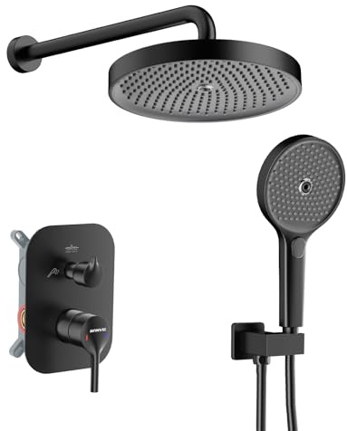 Ronvie Black Concealed Shower Mixer Set with 25cm Rainfall Shower Head | Brass Valve, Brass Holder, 1.75m Stainless Steel Hose, 3-Mode Handheld Shower, Complete Shower Set