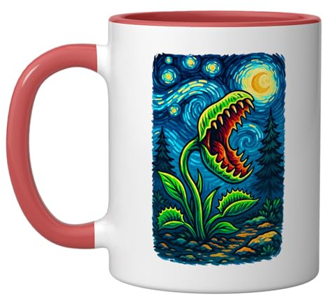 Carnivorous Plant Venus Fly Trap Design Starry Night Art Ceramic Mug, Red/White