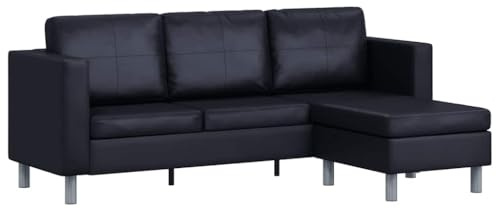 Mhdvray 3-Sitzer L-Küchensofa Schwarz 188×122 cm Kunstlederbezug mit verchromten Füßen Modernes Eckdesign & platzsparend für kleines Wohnzimmer Jugendzimmer Balkon