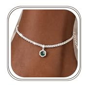 Maynor Birthstone Anklet for Women 925 Sterling Silver Anklet Bracelets with CZ Pendant in 12 Colours, Personalised Waterproof Jewellery Adjustable Birthday Gift for Women & Girls