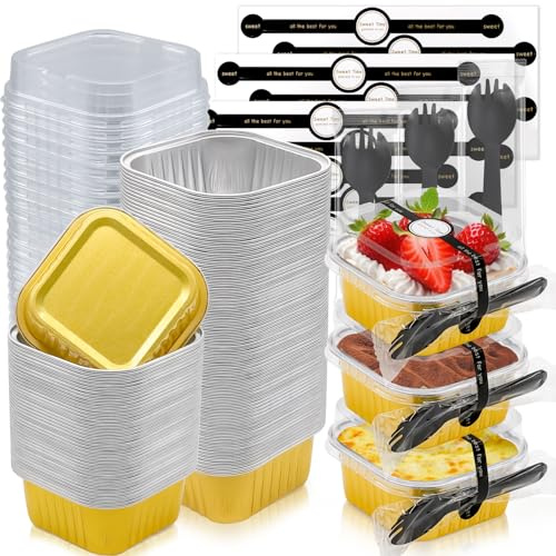 YuleNova 100PCS Mini Loaf Pans, 150ml Square Aluminum Foil Baking Pans with Lids Spoons and Stickers, Mini Loaf Pans for Dessert Bread Wedding Picnic Birthday Party, Gold