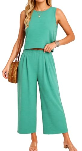 Women's Summer 2 Piece Outfits Sleeveless Crop Top And Wide Leg Pants Set Casual High Waist Lounge Wear Vacation Beach Coords Solid Color