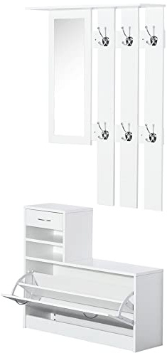 HOMCOM 3-i-1 set med omklädningsrum entrémöbler med panel klädhållare, spegel och skobänk - 6 krokar och justerbar hylla, vit