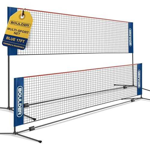 BOULDER Portable Badminton Pickleball Net - Foldable / Extendable Poles for Multiple Sports Heights (UP to 5 ft) - Ideal for Tennis, Pickleball, Soccer Tennis - Easy Setup (Blue, 17 FT)