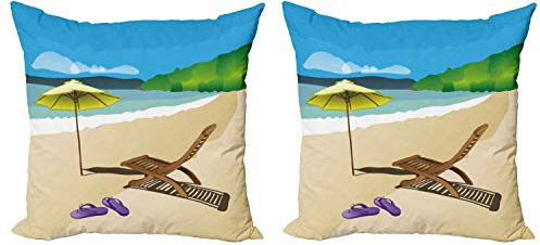 Ambesonne Summer Decorative Throw Pillow Case Pack of 2, Beach Sunshine Sand Waves Sandal Deckchair Holiday Relaxation Vacation Cartoon Print, Couch Bedroom Living Room Cushion Cover, 20, Multicolor