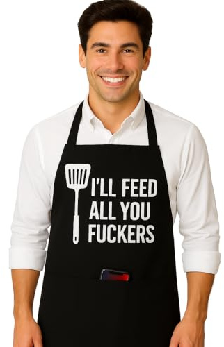 ShopINess Divertido Delantal de Cocina Unisex I'll Feed You Delantal con Mensaje Humorístico, Ajustable, 3 Bolsillos para Barbacoa Fiestas con Amigos Regalo Original para Cocina y Chef (Negro)