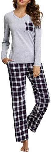 iClosam Pyjama Femme Long Coton Deux Pièces avec Pantalon à Carreaux | Pyjama Femme Hiver, Coton Doux, Respirabilité Naturelle, Haut Uni, Bas à Carreaux, Nuits Fraîches, Maison Et Repos