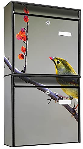 banjado Briefkastenanlage 2 Fach - 2 Briefkästen 36x64x10cm groß - Doppelbriefkasten Set - Namensschild, 2 Schlüssel, Montagematerial - Stahl verzinkt schwarz - Motiv Herbst Vogel